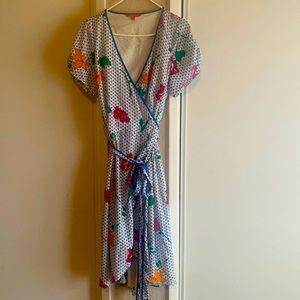 Wrap dress ModCloth white with colorful flowers and a blue pattern